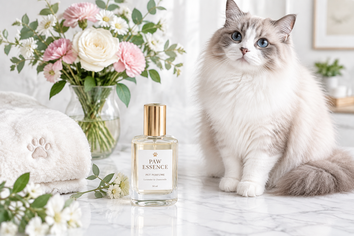 Elegant pet perfume bottle on marble surface next to a groomed fluffy cat with flowers in the background