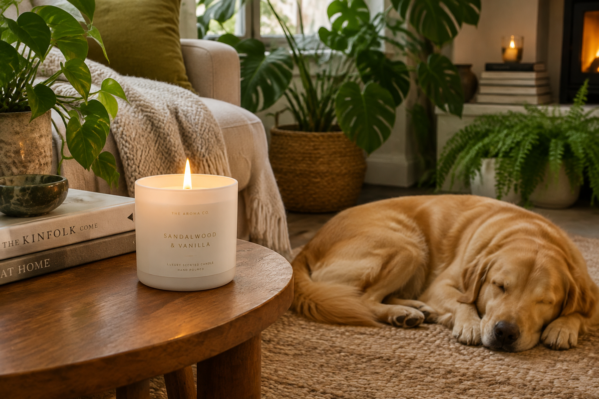Luxury white matte glass candle burning next to a golden labrador in a cosy living room
