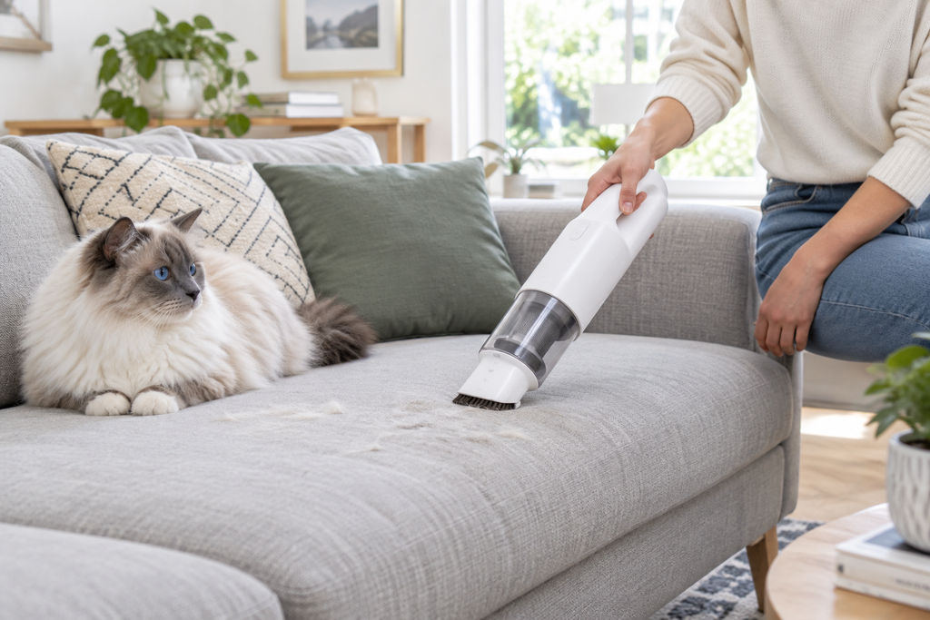 Person using a white cordless handheld vacuum to remove pet hair from a sofa while a cat watches nearby
