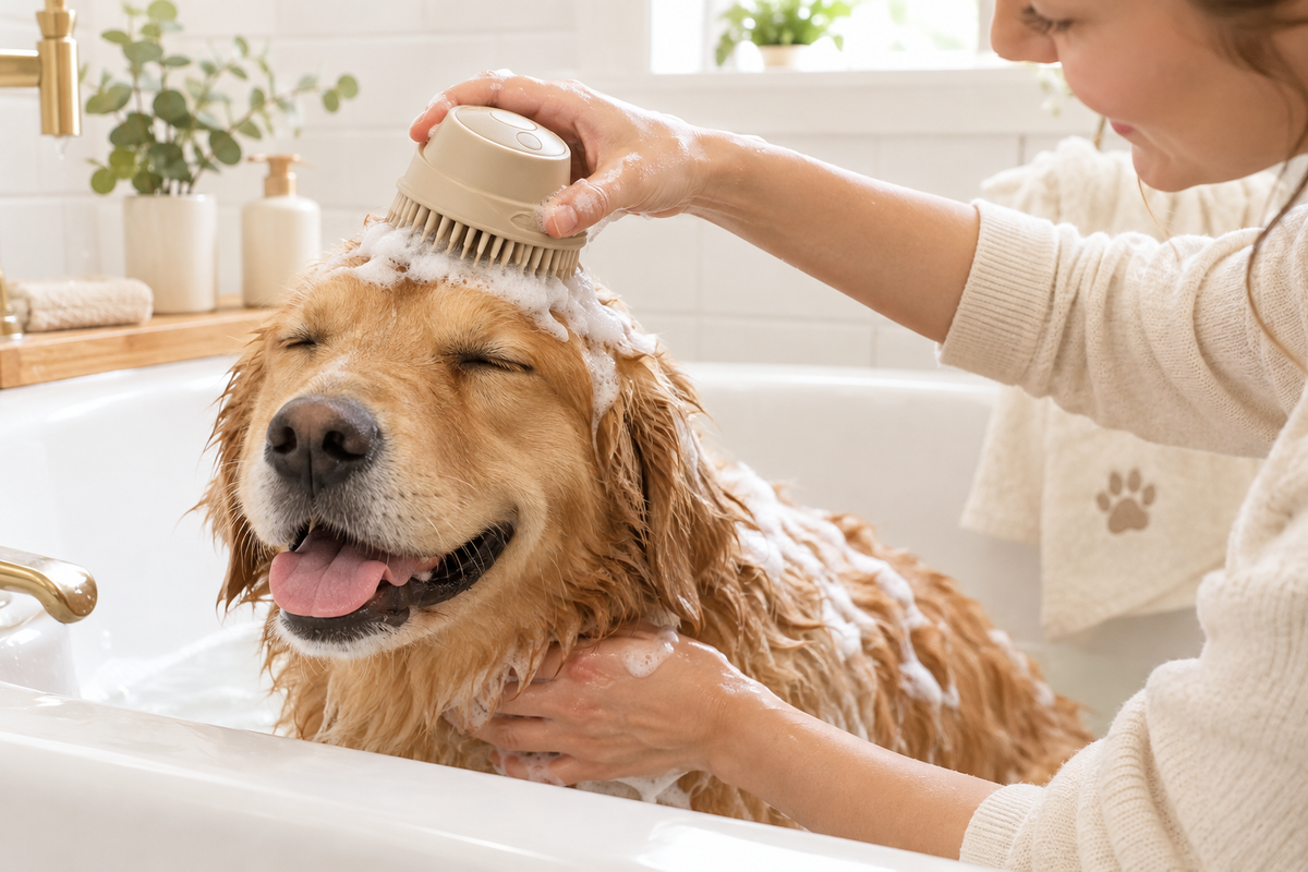 Person using a beige silicone shampoo dispensing pet bath brush to massage a relaxed dog in a bathtub