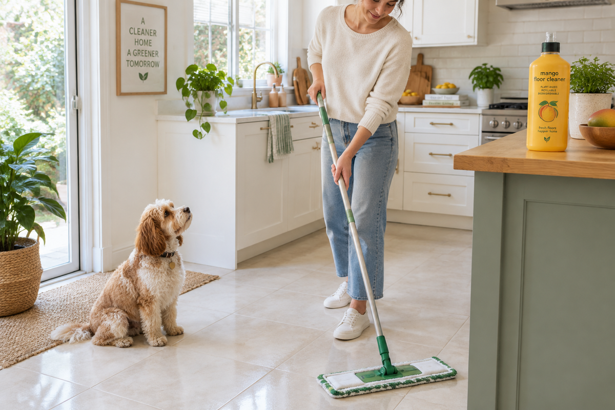 Person mopping a kitchen floor with a refillable mango floor cleaner while a small dog watches nearby