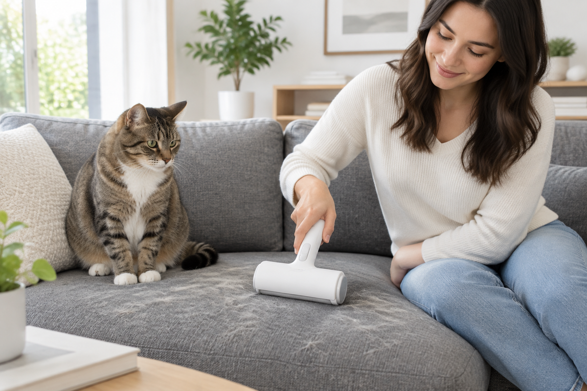 Person using a white self-cleaning pet hair remover brush on a grey sofa next to a tabby cat