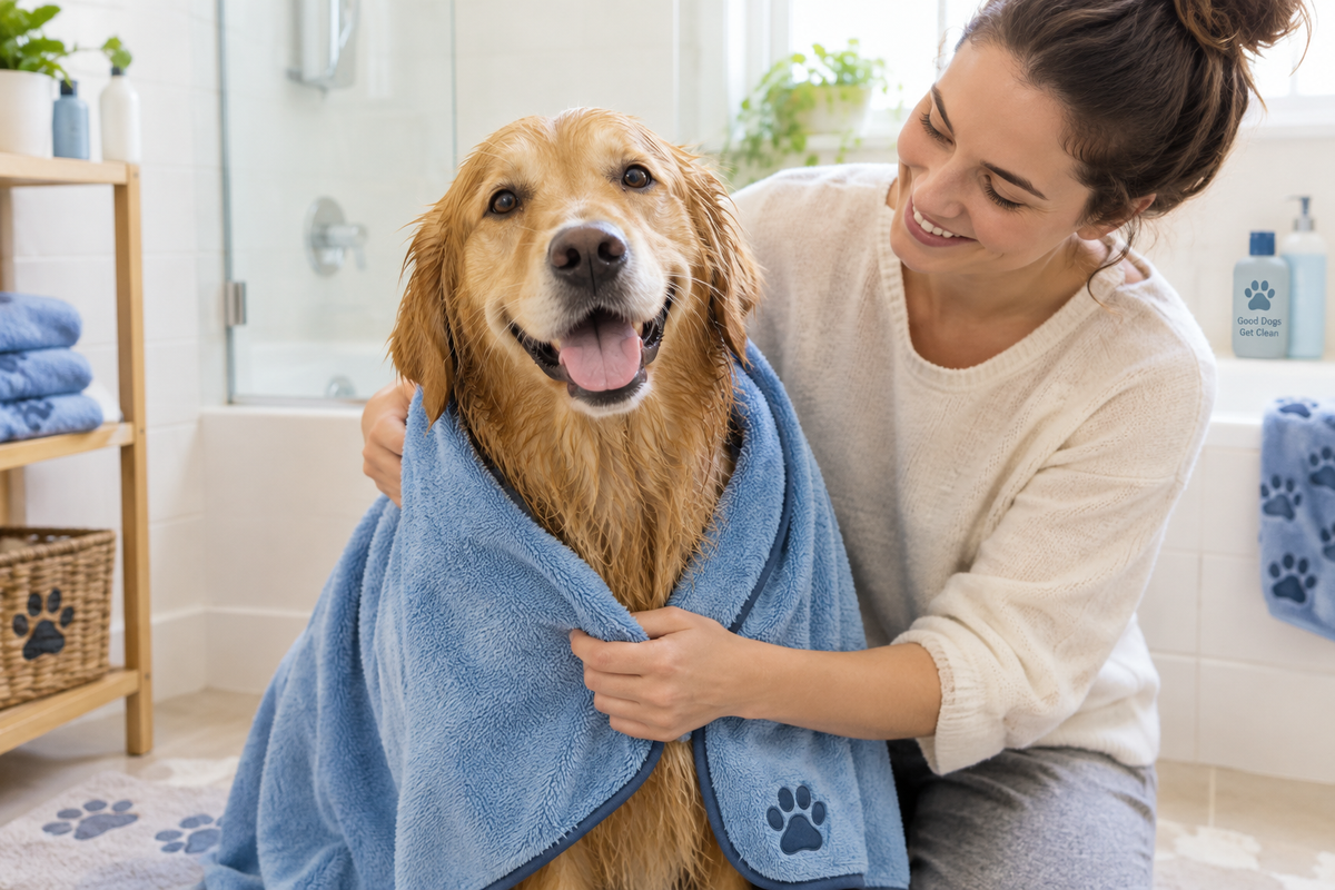 Person wrapping a happy wet golden retriever in a soft blue microfibre pet towel after a bath