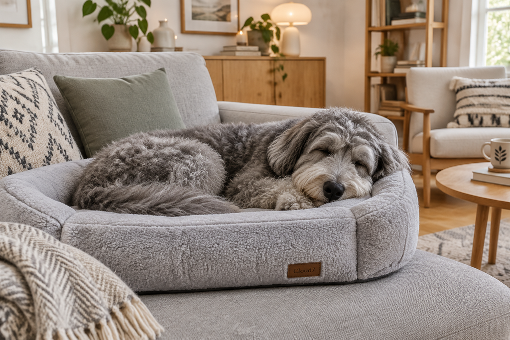 Fluffy grey dog sleeping on a plush light grey pet sofa bed pad on a modern living room sofa